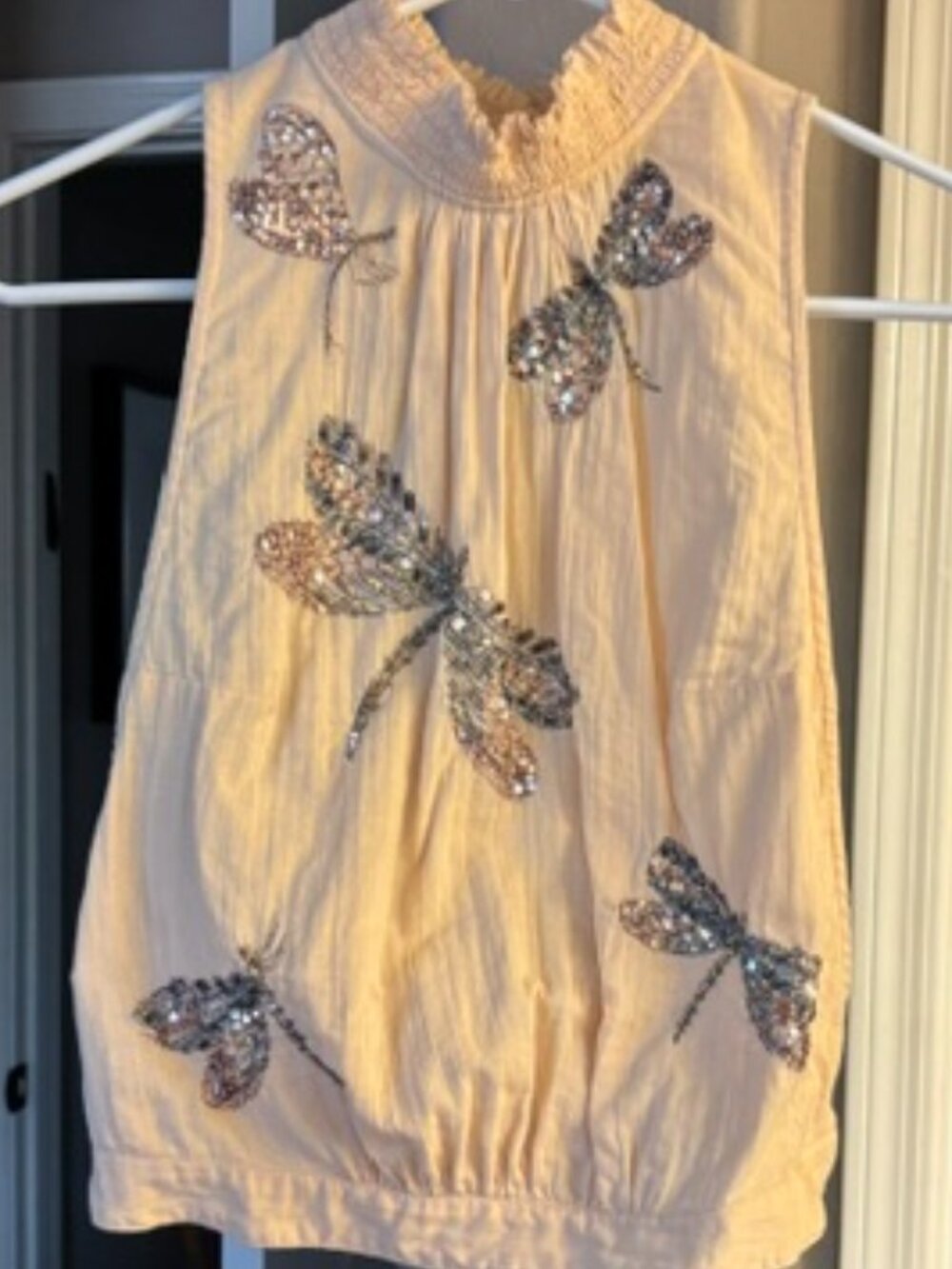 Free People butter yellow creme sequin embellished dragonfly garden tank, Sz S